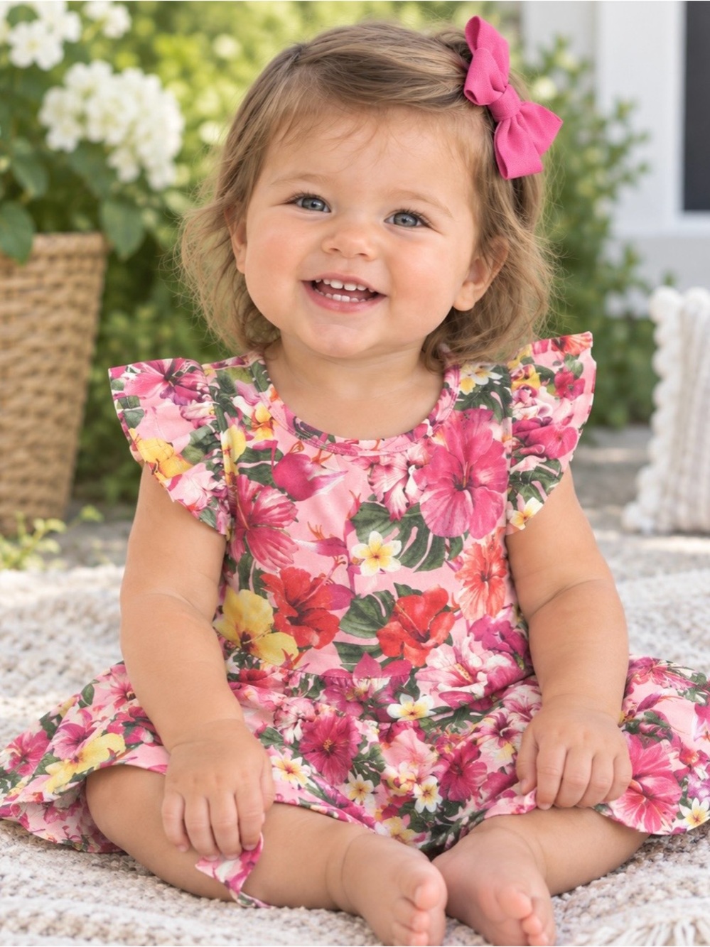 Posh Peanut Pink Floral Flutter-Sleeve Dress